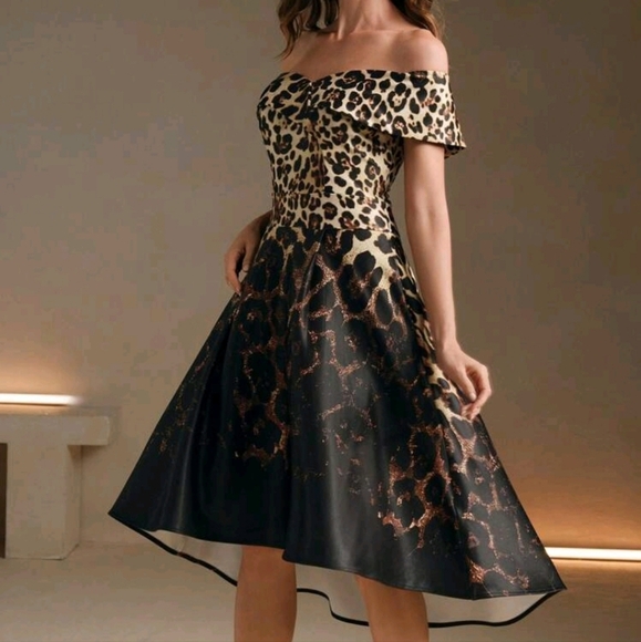 Black Leopard Print Long-Line A-Line Dress With Off Shoulder Neckline - Picture 1 of 4